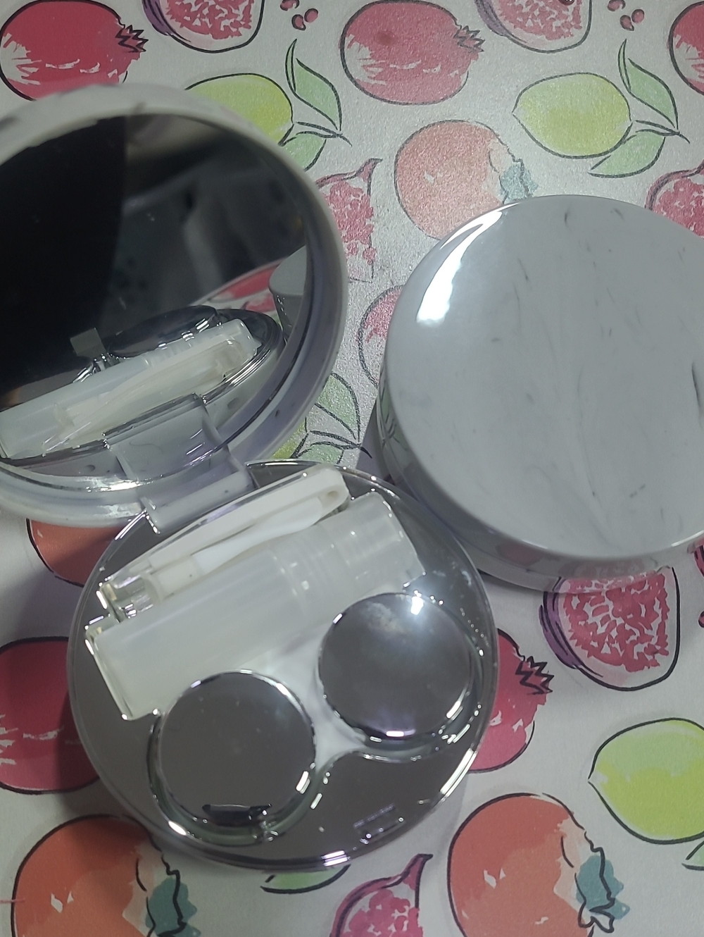 Silver Compact Contact Lens Case with Mirror and Accessories